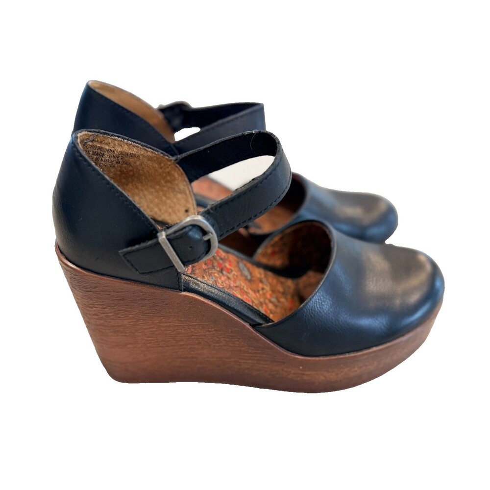 Born BOC Alyson Wedge Pump Black Ankle Strap Platform Chunky Womens Size 7M